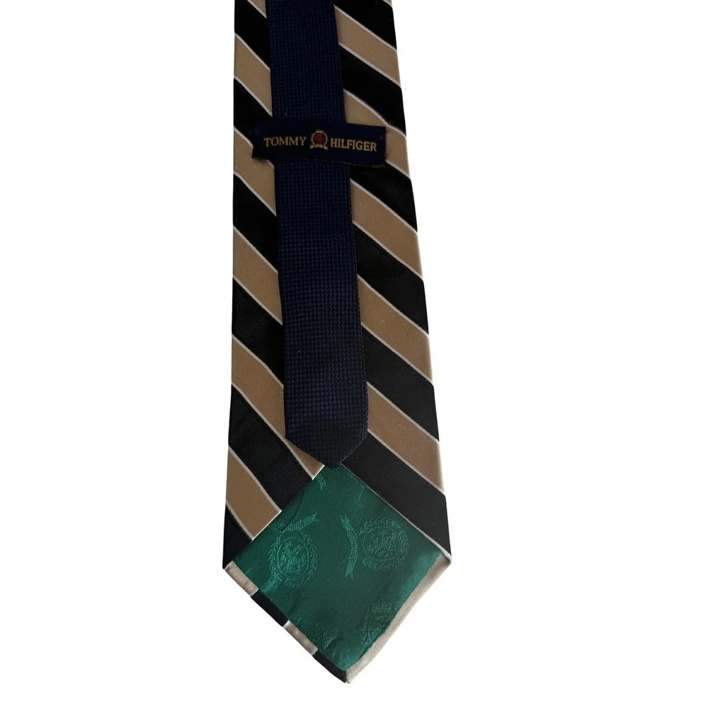 Tommy Hilfiger Necktie Mens OS Black Gold  1990s Striped Silk Made in USA